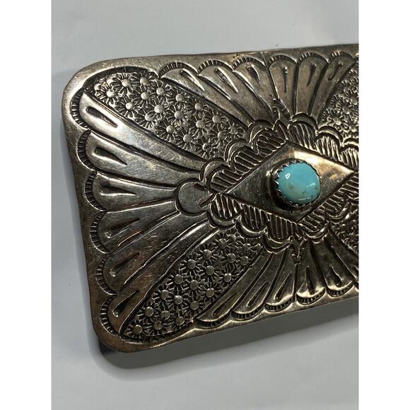 Vintage Navajo Signed A.B. Sterling Silver Turquoise Belt Buckle 1970s Bear Paw main image 12